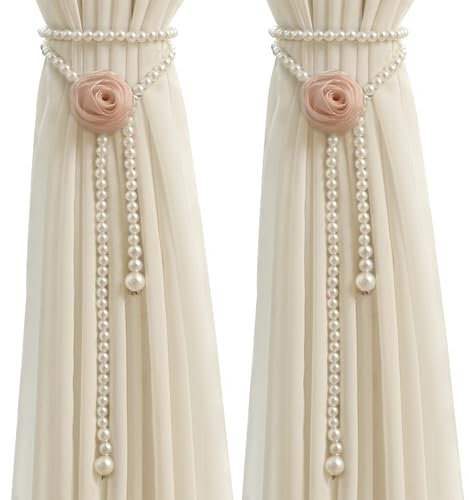 BSITSSS 2 Stück Vorhang Raffhalter, Perlen Raffhalter für Vorhänge, Rose Blumen Raffhalter für Gardinen, Boho Gardinenhalter, Vorhang Halter für Haus, Büro, Wohnzimmer, Fenster Dekoration