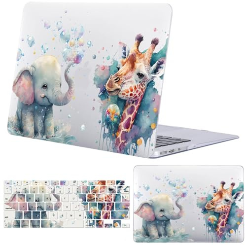 FFBOFFC Hülle Kompatibel mit MacBook Air 13,6 Zoll 2025 2024 2023 2022 Freisetzung A2681 A3113 A3240 mit Liquid Retina Display, Plastik Hartschale Cover & Tastaturschutz, Elefanten und Giraffen