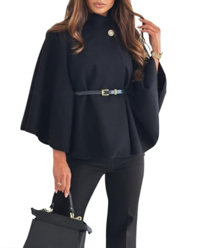 Minetom Damen Umhang Elegant Herbst Winter Poncho mit Gürtel Einfarbig Wollmantel Knopf Warm Mantel Cape