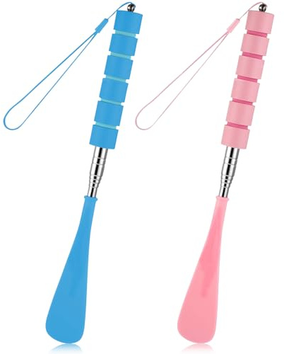 Teouuas 2 Pièces Chausse Pied Long Telescopique, Chausse Pied Longs Metal, Telescopique Chausses Pieds Longs, Chausses Pieds Long, pour Femmes, Hommes, Enfants, Seniors (Rose, Bleu)