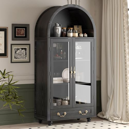 LNRLZYLS Vitrine aus Holz mit Glastüren und bogenförmiger Oberseite | reichlich Stauraum für Bücher, Geschirr und mehr, stabiles schwarzes Finish mit goldfarbenen Griffen, 78,7 x 179,8 cm