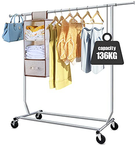 Camabel Kleiderständer mit Rollen 136kg Kleiderstand Metall Verstellbar Länge 130-189cm Edelstahl Rädern Kleiderstange auf Rollen Ausziehbar Kleidung Aufhänger Mit Bremse Garderobenstand Metall