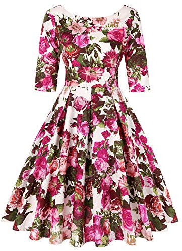 MINTLIMIT Women's 1950s Halloween Retro Dress A-Line Short Sleeves Cocktail Swing Party Vintage Casual Dress (Floral Fuchsia,Size XXL)