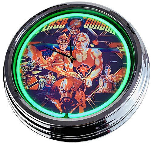 Neon Uhr Flipper Flash Gordon Bally 1981 Wanduhr Deko-Uhr Leuchtuhr USA 50's Style Retro Neonuhr Esszimmer Küche Wohnzimmer Büro (Grün)