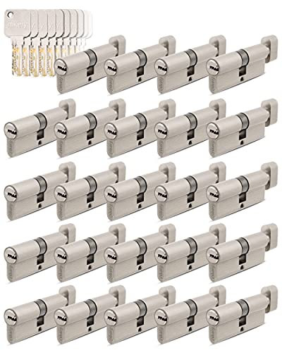 GERCAR - Pro - Lot 24x cylindre à bouton 70 mm - 24x cylindre serrure/barillet de porte d'entree/interieure avec bouton 35/35 mm - En laiton Avec 120 clés - Longueur : 70 mm, A: 35 B : 35