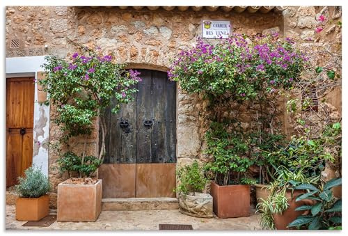 ARTland Wanddeko Wandbild Alu Verbundplatte für Innen & Outdoor Bild 60x40 cm Altes Haus Tür Tor Pflanzen Blumen Idyll Mallorca U3SO