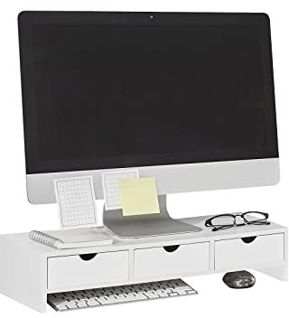 SoBuy Supporto Monitor pc da scrivania con 3 Organizzatore cassetti L51*P25*A12 cm, Legno bianco BBF03-W