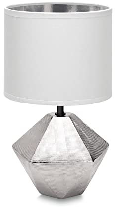 LED Universum Tischleuchte Tischlampe Nachttischlampe Leseleuchte aus Keramik mit Stoffschirm, E14 Sockel, rund silber weiß klein - 3157