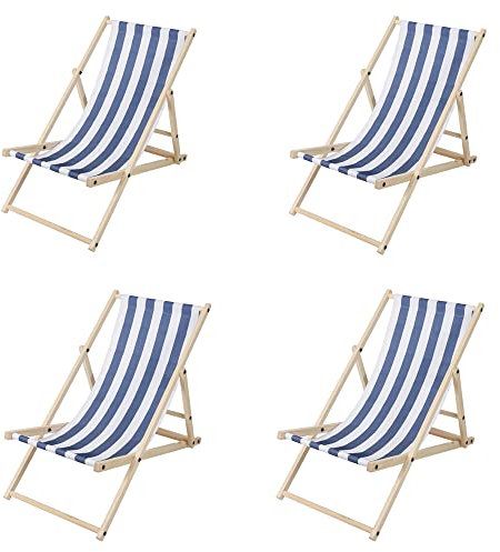 Randaco Liegestuhl Klappbar aus Holz 4er Set, Gartenliege Strandstuhl, Klappstuhl Faltbar, 3-Fach Verstellbare Rückenlehne, Strandliegestuhl Klappliegestuhl, Strandliege - Blaue und weiße Streifen