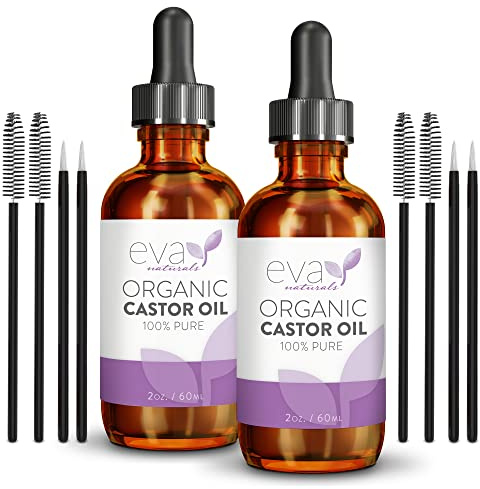 Eva Naturals Castor Oil 2oz – Cold-Pressed for Lashes, Brows, Hair & Skin – 100% Pure w/Vitamin E, Eyelash & Brow Serum, Hair & Lash Aftercare, Face & Skin Oil for Women & Men 2 Pack