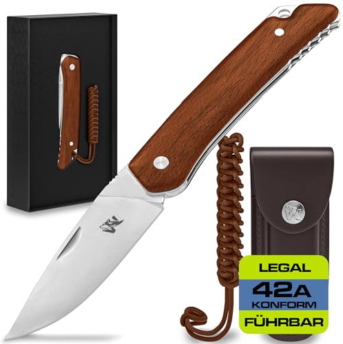 Wolfgangs CULTRO Zweihandmesser Klappmesser aus feinstem D2 Stahl und Ebenholz-Griff - Legale mitführbares Taschenmesser - Outdoor Survival Messer - Leder Holster