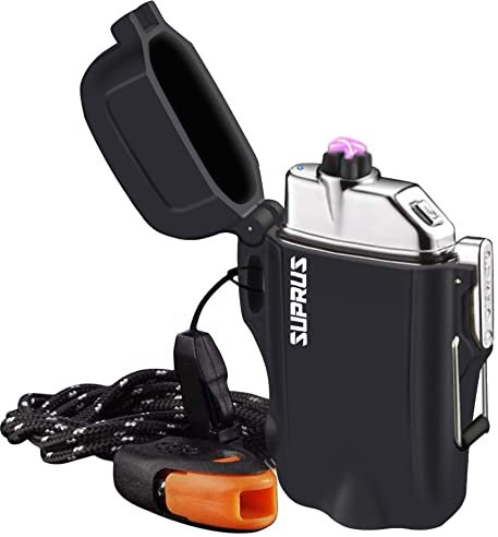SUPRUS Waterproof Lighter 3 Modes of Flashlight Windproof Lighter Dual Arc Electric Lighters Rechargeable Dual Arc Plasma Lighter with Survival Emergency Whistle and Lanyard