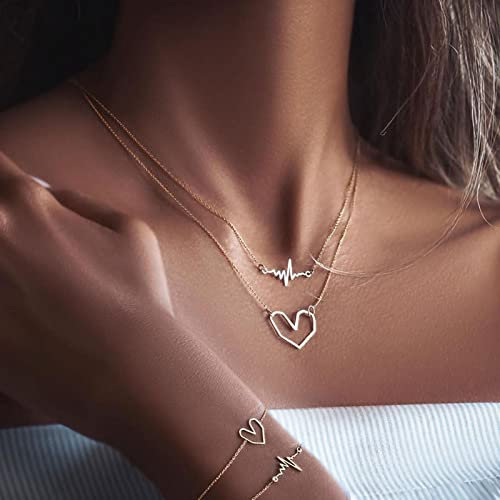 Wendalern Boho Geschichtete Halskette mit Herzanhänger goldene Herzschlag Halskette hohle Liebesherz Halskette Herzschlag Ekg Halskette Schmuck für Frauen und Mädchen