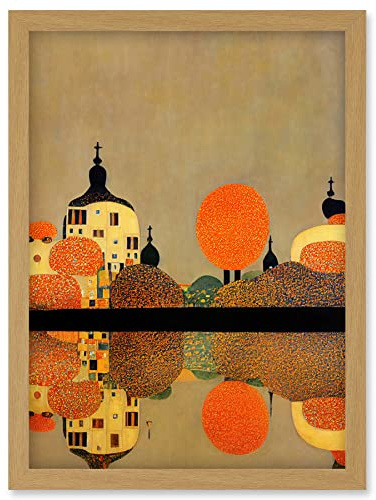 Wee Blue Coo Gustav Klimt Style Autumn Lakeside Town Church Reflection Artwork Framed Wall Art Print A4