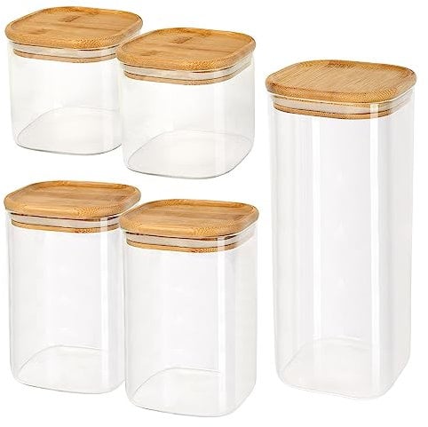 Schramm® 4 oder 5 Stück Vorratsgläser Set eckig mit Bambus Deckel in 6 verschiedenen Größen Vorratsdosen luftdicht Vorratsglas Aufbewahrungsglas, Größe:Set 5-teilig