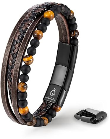 UNIQAL | Echtleder Armband Herren mit Natursteinen FANCY Mens nature stone Bracelet | Edelstahl, Männer | Etui Box Gratis (ROTES TIGERAUGE, 21)