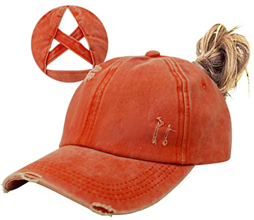 Muryobao Damen Pferdeschwanz Criss Cross Messy Buns Ponycaps Baseball Cap Verstellbare Baumwolle Distressed Dad Trucker Hat, A-Orange, Einheitsgröße