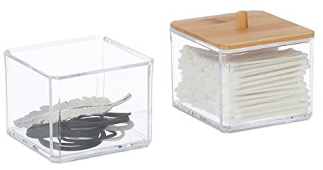 Relaxdays Wattestäbchen Behälter, Kunststoff, Bambusdeckel, Wattepadhalter stapelbar, Badorganizer, transparent/Natur, 1 Stück