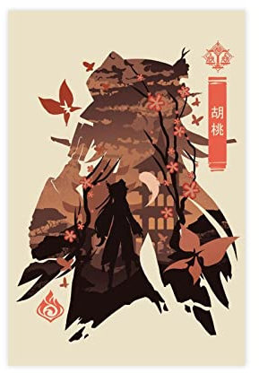 JDRC Hu Tao Genshin Impact Leinwand-Poster, Wandkunst, Dekor, Druck, Bild, Gemälde für Wohnzimmer, Schlafzimmer, Dekoration, Rahmen: 50 x 75 cm