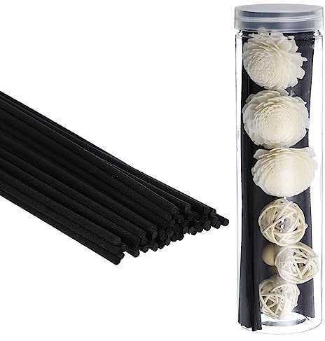 PATIKIL 20CM/8Inch Reed Diffuser Sticks Set, 50 Pack Fiber Aroma Fragrance Refill Sticks Replacement with Flower Decoration PET Bottle for Home Office, Black