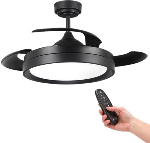 M mimotec - Ventilador de Techo Led Black Yeray II 56W con luz, mando a distancia, Bajo consumo, motor DC 20W+Luz Led 36W, 6 velocidades, función verano-invierno, Silencioso,4 Aspas retráctiles