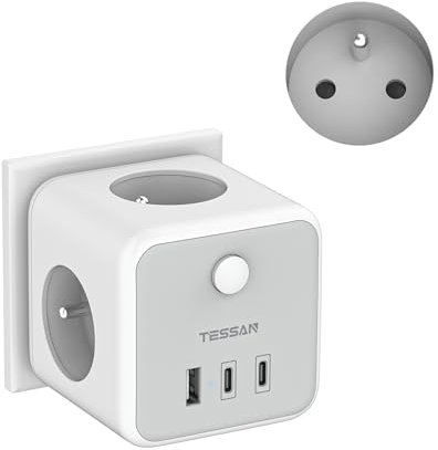 TESSAN Prise Murale Française 3 Sortie AC avec 3 USB, 6 en 1 Multiprise Cube avec Interrupteur, 2500W Chargeur Multiple, Compatible avec Pad, Phone, Conivent pour Cuisine, Bureau, Maison, Gris