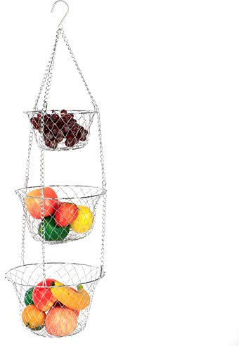 3 Tier Hanging Fruit Basket, Iron Wire Vegetable Kitchen Storage Basket, Heavy Duty Wire Hanging Baskets for Kitchen Storage Supplies