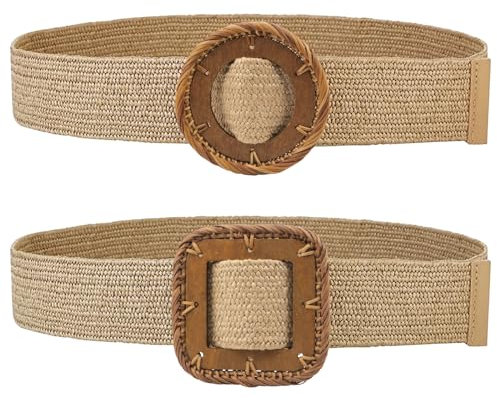 Wlicon 2 Pièces Ceinture Tressée Elastique Femme, Style bohème Ceinture Femme Grande Taille avec Différents Styles Boucle en Rotin pour Robe,Chemises, Jeans (C)