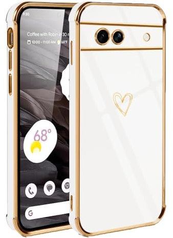 CaseLover Handyhülle kompatibel Google Pixel 7A Hülle, Gold Herz Muster Mädchen Galvanisierte Weich Silikon TPU Bumper Case Ultra Dünn Kameraschutz Stoßfeste Schutzhülle für Google Pixel 7A, Weiß