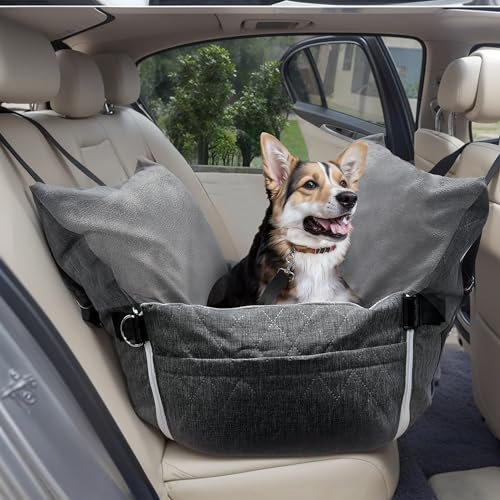 Johnear Sitzerhöhung für mittelgroße Hunde und Katzen, 2 in 1, mit Sicherheitsgurt und 2 Taschen, warmer Korb bis 30 kg