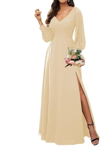 WSEYU A-Line V Neck Bridesmaid Dresses for Wedding with Long Sleeves Long Formal Party Gowns Champagne UK14