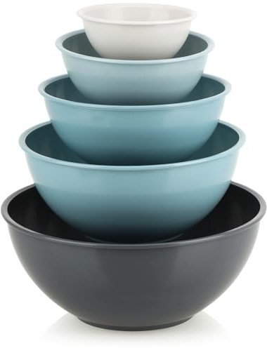 com-four® Juego de tazones para mezclar de 5 piezas - tazones para hornear hechos de plástico resistente, sin BPA - ollas para mezclar en 5 tamaños - frutero, ensaladera y tazón (beige/azul/gris)