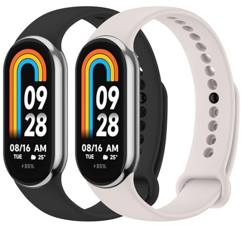 Lot de 2 bracelets de rechange compatibles avec Xiaomi Mi 8 pour homme et femme - Bracelet de rechange en silicone souple pour Xiaomi Smart Band 8 - Longueur réglable (noir/starlight)