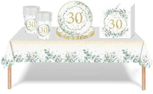 53Pcs Sage Green 30th Birthday Party Tableware Decorations,Sage 30th Birthday Table Cloth Plates and Napkins Cups Sets for Women Him Men Birthday Table Decor for 30th Birthday Gifts Dinnerware