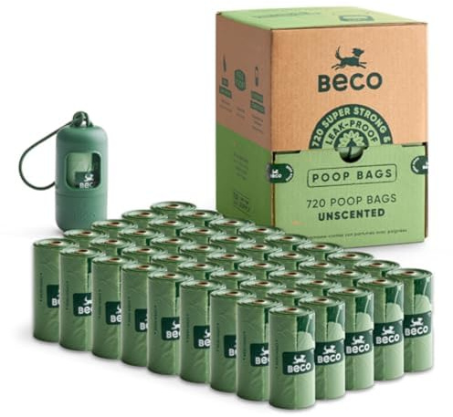 Beco Dog Poo Bags - Strong, Leakproof & Large - 94% Recycled Plastic, Extra Thick Dog Poop Bags, Heavy Duty - Unscented Refill Rolls, 720 Count