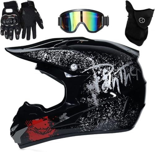 Fullface MTB Motocross Helm, Erwachsene Jugend Enduro Cross Helm Motorradhelm für Fahrrad Downhill Bike BMX Off Road ATV mit Brille Handschuhe Maske(Color:Black,Size:M(54~55cm))