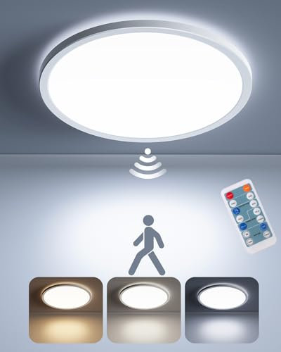 Matane LED Deckenleuchte mit Bewegungssensor Innen,18W Dimmbar Deckenlampe Panel mit Radar Bewegungsmelder und Fernbedienung, Flach Sensor Licht für Keller,Flur,Bad,Treppe, Rund Weiß 22cm