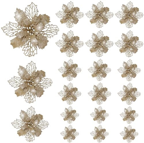 KASURE 21 Stück Christbaumschmuck Blumen, Kunstblumen Weihnachten Ornaments, Christmas Tree Decorations, Weihnachtsbaum Deko, Weihnachtsbaumschmuck mit 21 Clips(16 CM*7,11 CM*7,9 CM*7,Champagnerfarbe)