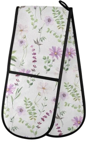 Double Oven Gloves Purple Flowers Green Leaves Heat Resistant Pot Holder Oven Mitt Gloves for BBQ Cooking Baking Grilling Microwave