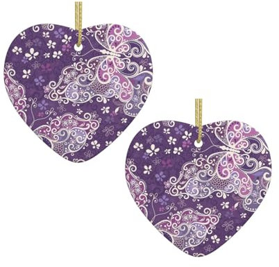 Herzförmiger Keramik-Weihnachtsbaum-Anhänger, personalisierte Weihnachtsschmuck, violette Schmetterlinge, Familien-Weihnachtsschmuck