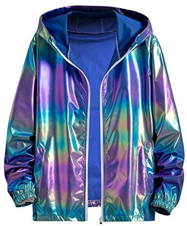 Tobysper Sweat à capuche métallisé pour homme - Veste réfléchissante - Haute visibilité - Veste de course - Dance Disco - Coupe-vent - Gilet de cyclisme - Manteau de sport - Veste de survêtement