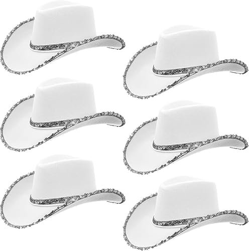 6 x Texanische Cowgirl-Hüte, weiße Cowboyhüte für Frauen, Western-Cowgirl-Hut für Junggesellinnenabschied, Geburtstag, Halloween, Kostüm-Zubehör