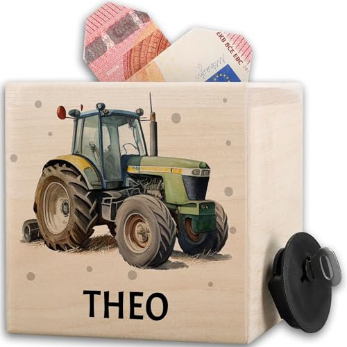 Personalisierte Holzspardose mit Traktor und Namen für Kinder | Spardose Holz mit Schlepper | Bulldog | Bauernhof | Kinderspardose Trecker - 10x10cm - Holz - Name des kindes kinderspardosen Jungen