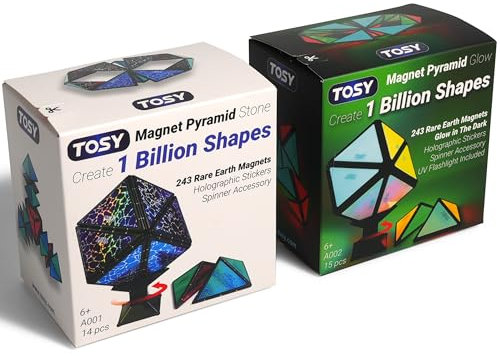 TOSY Pyramide magnétique – 1 cube se transforme en 1 milliard de formes, 12 pièces, 243 aimants, lumineux, design holographique, carreaux magnétiques créatifs puzzle STEM/STEAM jouet, ensemble mixte