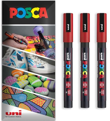 Posca - Water Based Permanent Marker Paint Pen - Multi Surface Use - PC-3M - Pack of 3 Pens in Wallet (Red)