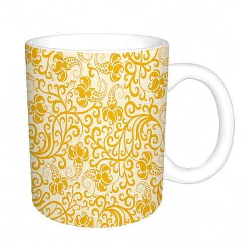 YFHJV Grosse Kaffeetasse - Bürotasse - Tasse Keramik Kaffeetassen Große 11oz - teetasse groß - cappuccino tassen - Jugendstil, Arabeske Rokoko Stil Geschwungene Frühlingsblüten Zweige Blätter Boho