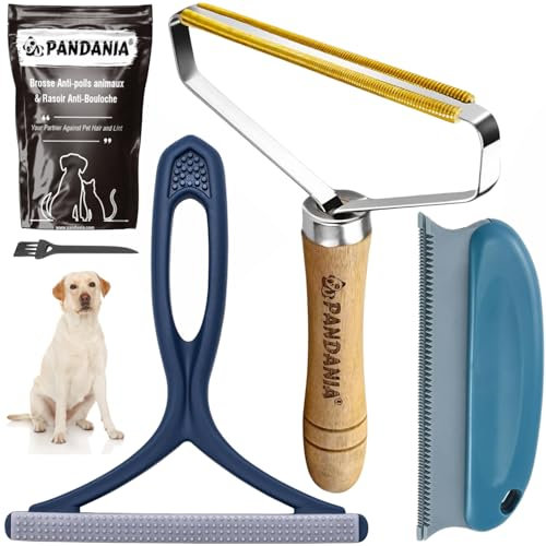 PANDANIA Kit 3 Brosses Anti-Poils – Enlève Poils d’Animaux, Bouloches, Cheveux sur Canapé, Vêtements, Tapis, Sièges Auto – Grattoir Cuivre, Brosse Silicone, Peigne Rasoir Réutilisables