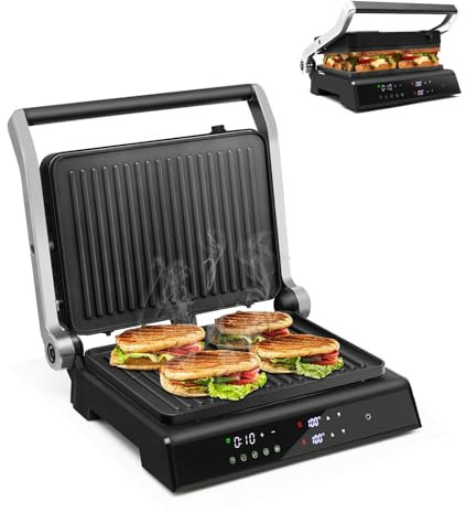 SOARS Sandwichmaker 3-in-1, 1800 – 2000 W, elektrische Panini-Maschine mit 5 Kochmodi, 200 – 230 °C, Öffnungswinkel 180 °, Grillplatte, abnehmbar und waschbar, Timer 0 – 4 Stunden, Schwarz