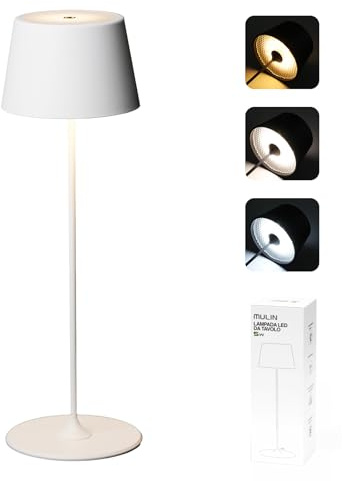 MU LIN Lampada Lampada da Tavolo Ricaricabile e Senza Fili con Controllo Touch, Utilizzabile anche come Lampada da Esterni, Dimmer, 2200-3000 K, Altezza 35 cm, Colore Bianco per ristorante e Casa