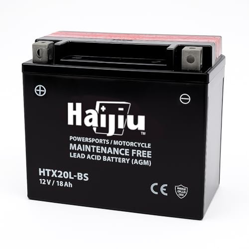 Haijiu HTX20L-BS Batterie de démarrage AGM pour moto, Harley et ATV 12 V, 18 Ah, 310 CCA Prêt à l'emploi, sans entretien, anti-vibration